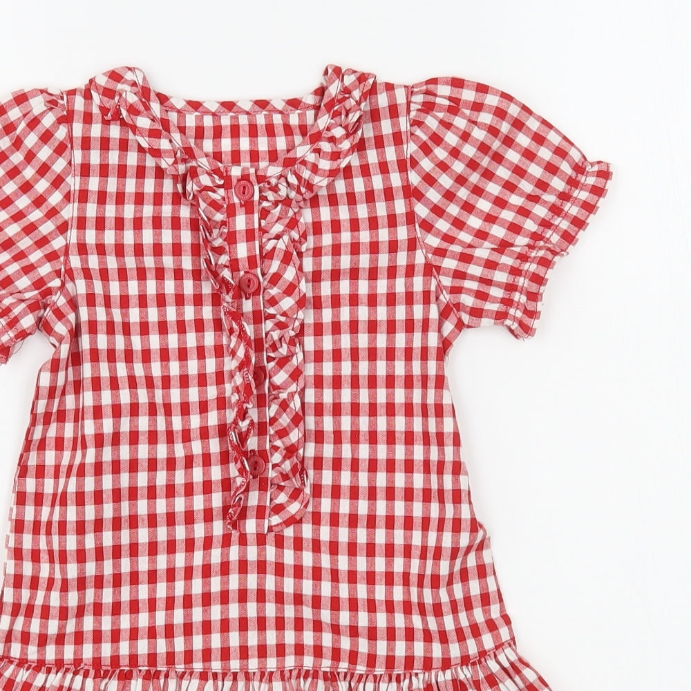 Mothecare Girls Red Gingham 100% Cotton Shirt Dress  Size 18-24 Months  Round Neck Button