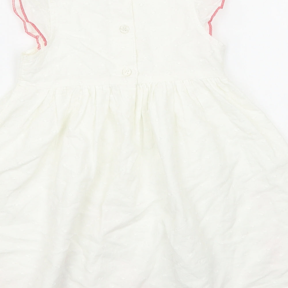 Peacocks Girls White  100% Cotton Skater Dress  Size 9-12 Months  Round Neck Button