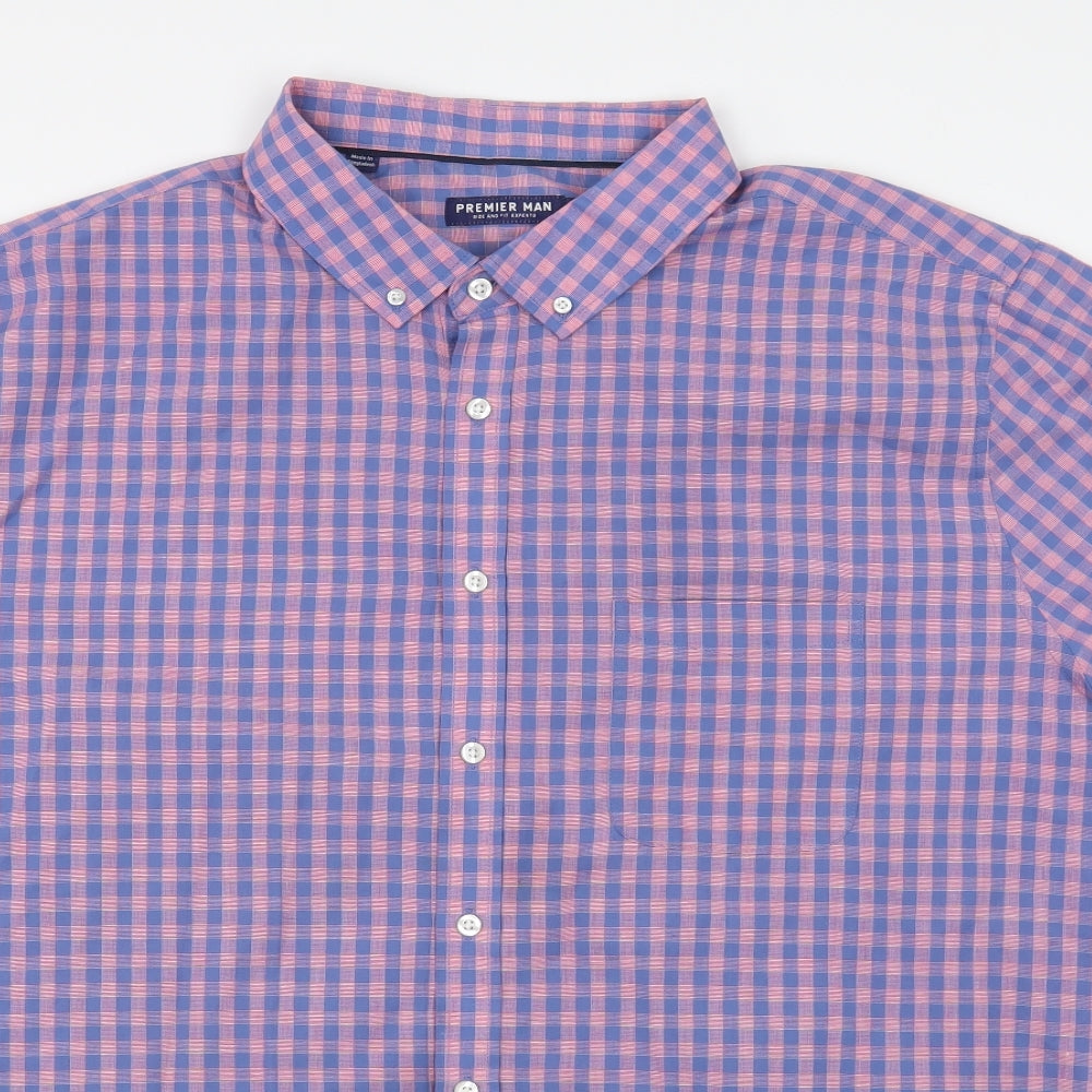 Premier Man Mens Blue Check Cotton  Button-Up Size 2XL Collared Button