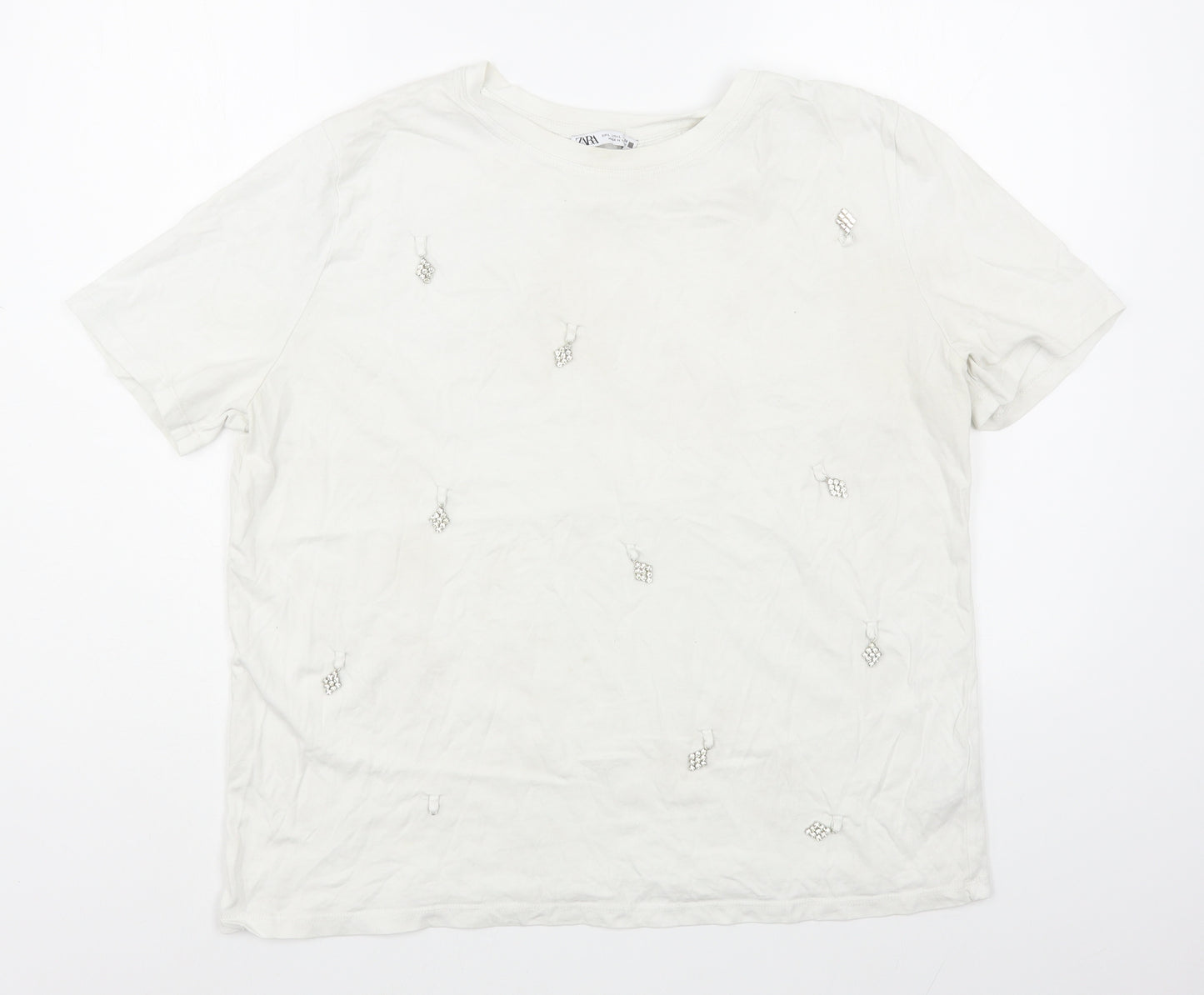 Zara Womens White  Cotton Basic T-Shirt Size L Round Neck