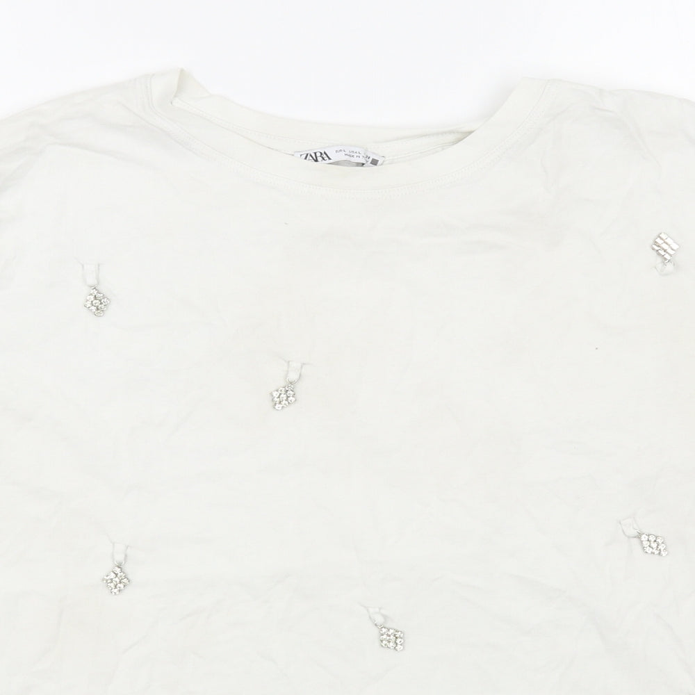 Zara Womens White  Cotton Basic T-Shirt Size L Round Neck