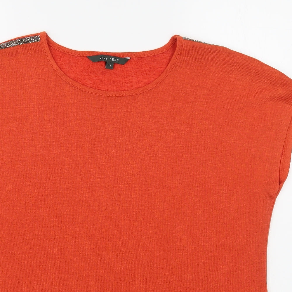Love Tees Womens Orange  Polyester Basic T-Shirt Size 14 Boat Neck