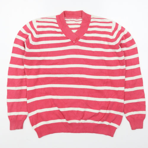 EWM Womens Pink V-Neck Striped Cotton Pullover Jumper Size M