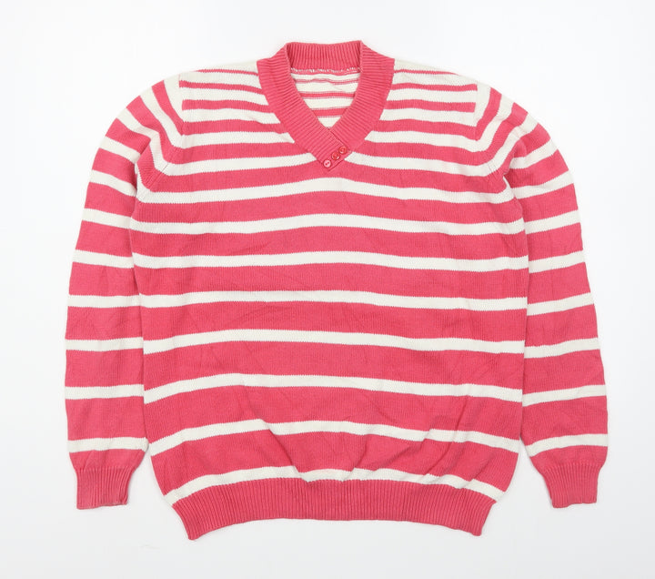 EWM Womens Pink V-Neck Striped Cotton Pullover Jumper Size M