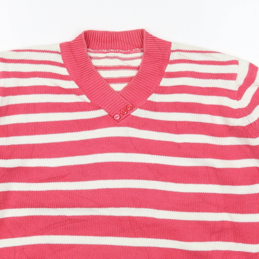 EWM Womens Pink V-Neck Striped Cotton Pullover Jumper Size M