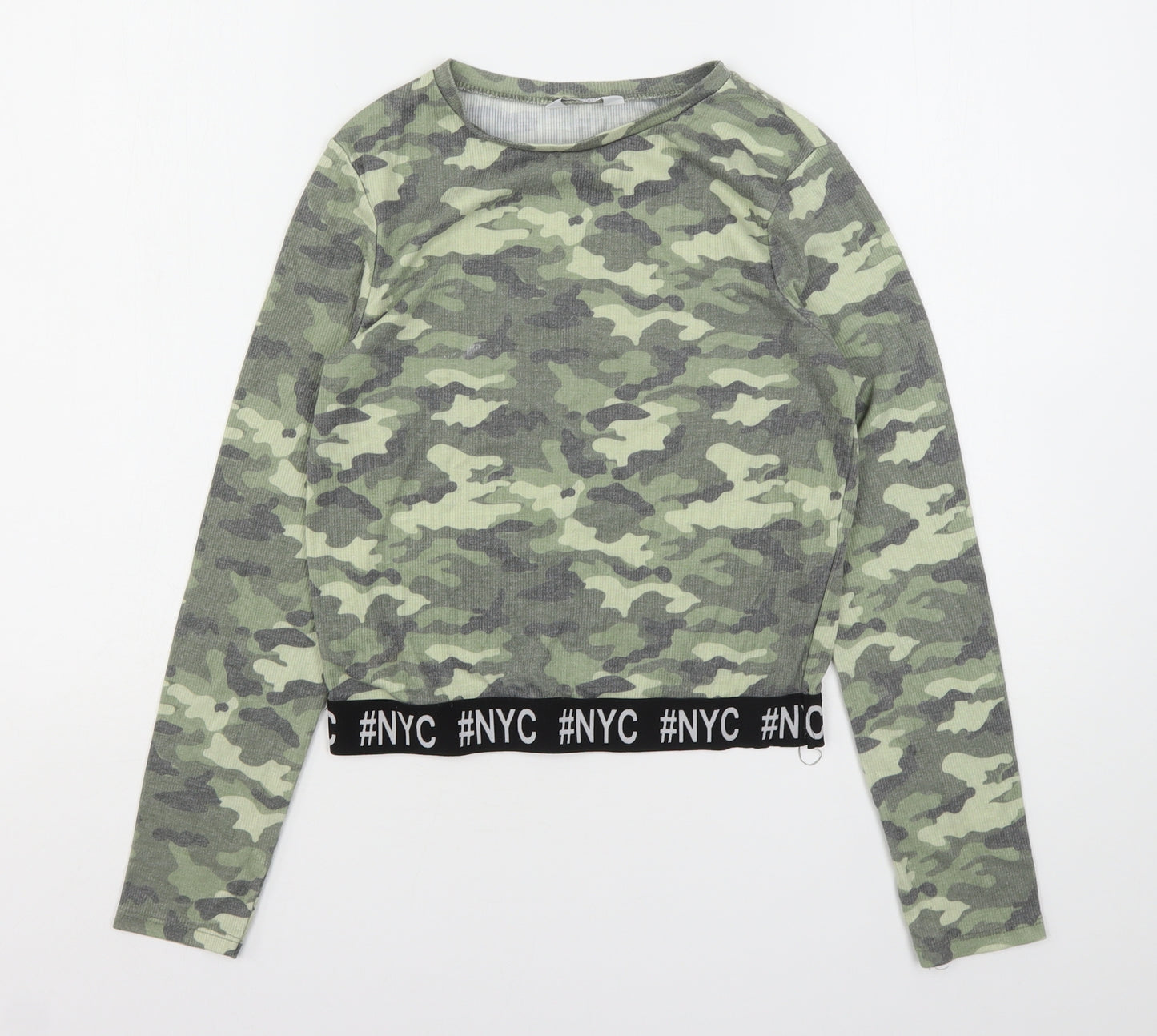 Primark Girls Green Camouflage Cotton Cropped T-Shirt Size 14-15 Years Round Neck