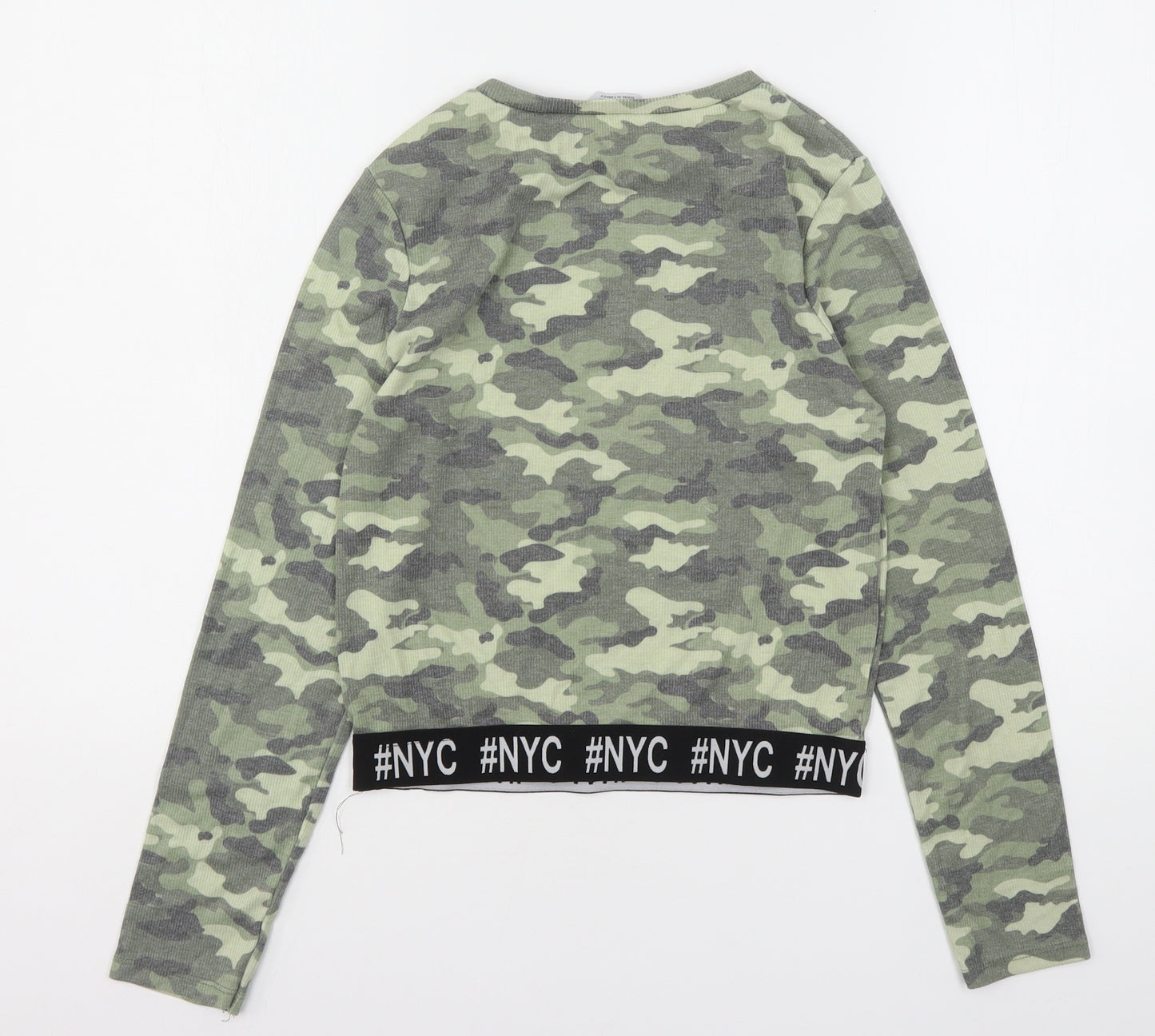 Primark Girls Green Camouflage Cotton Cropped T-Shirt Size 14-15 Years Round Neck
