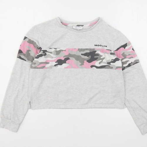 New Look Girls Grey Camouflage Polyester Pullover Sweatshirt Size L   - Cropped
