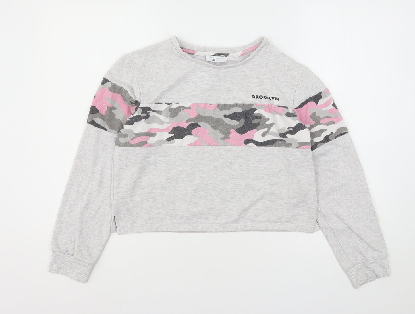 New Look Girls Grey Camouflage Polyester Pullover Sweatshirt Size L   - Cropped