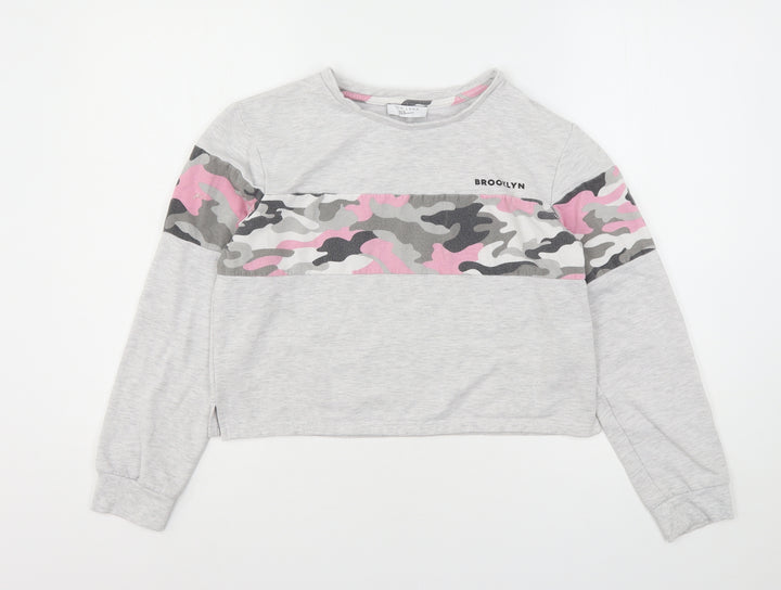 New Look Girls Grey Camouflage Polyester Pullover Sweatshirt Size L   - Cropped
