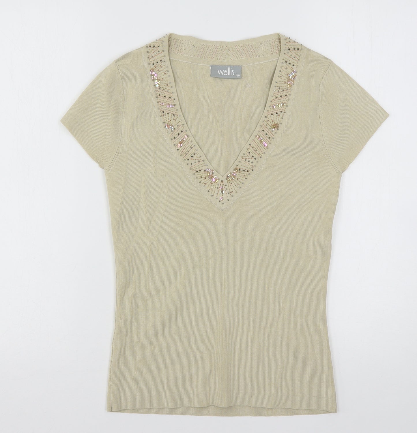 Wallis Womens Beige  Viscose Basic T-Shirt Size 10 V-Neck