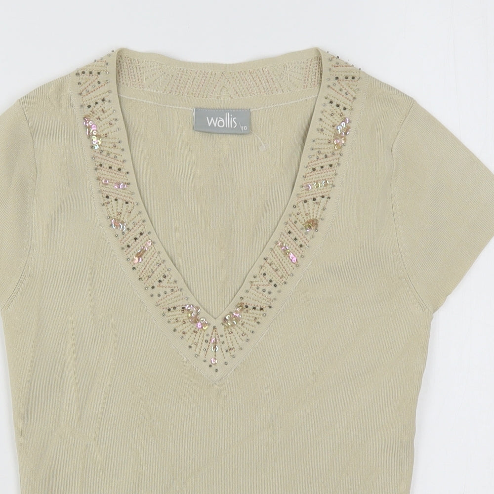 Wallis Womens Beige  Viscose Basic T-Shirt Size 10 V-Neck