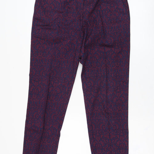 Warehouse Womens Blue Geometric Cotton Carrot Trousers Size 12 L26 in Regular Zip