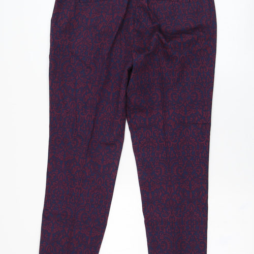 Warehouse Womens Blue Geometric Cotton Carrot Trousers Size 12 L26 in Regular Zip