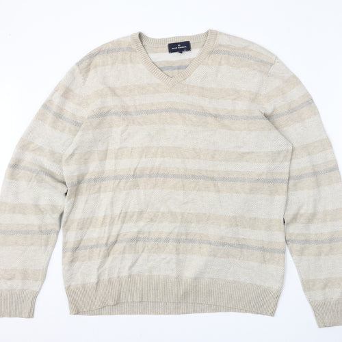 Marks and Spencer Womens Beige Round Neck Striped Cotton Pullover Jumper Size L