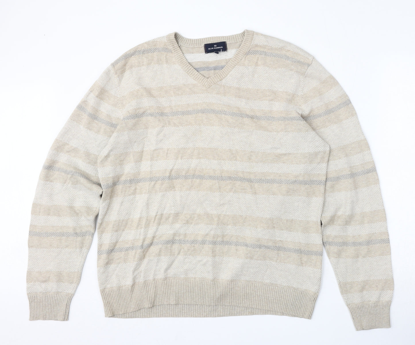Marks and Spencer Womens Beige Round Neck Striped Cotton Pullover Jumper Size L