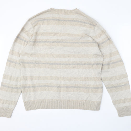 Marks and Spencer Womens Beige Round Neck Striped Cotton Pullover Jumper Size L