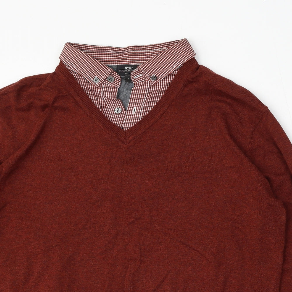 NEXT Mens Red V-Neck  Cotton Pullover Jumper Size L