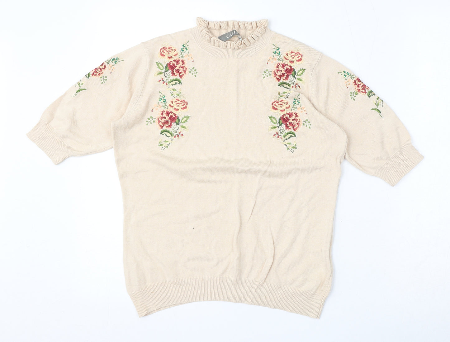 Oasis Womens Beige Round Neck Floral Cotton Pullover Jumper Size S