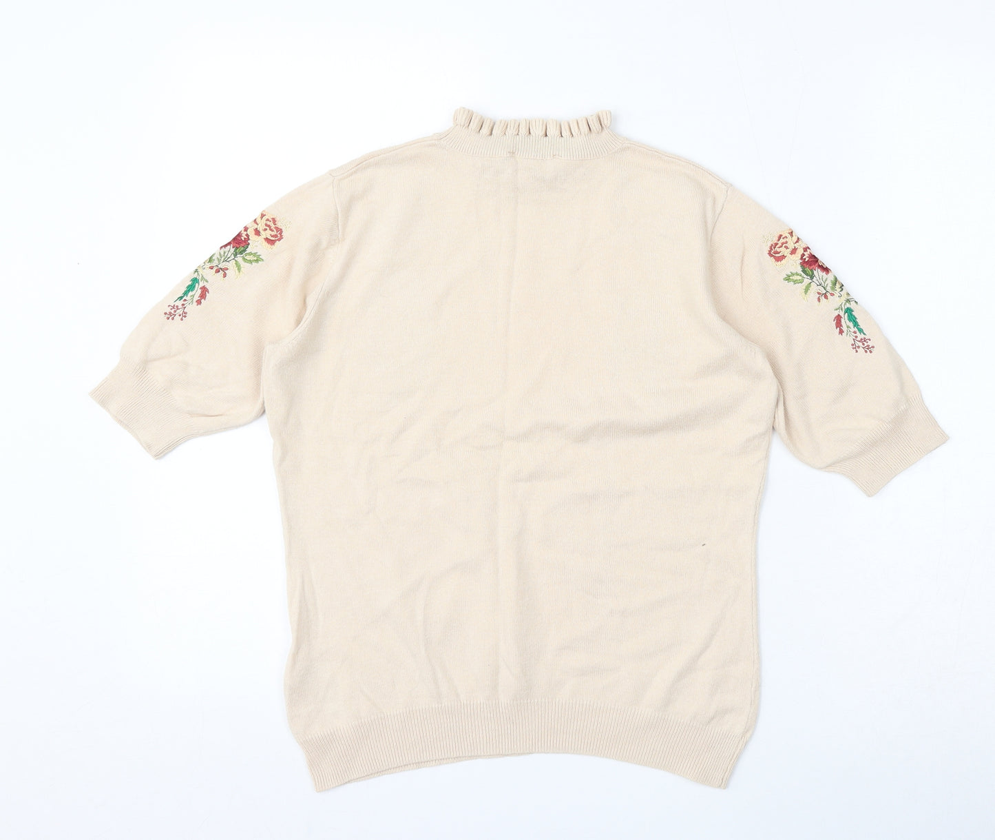 Oasis Womens Beige Round Neck Floral Cotton Pullover Jumper Size S