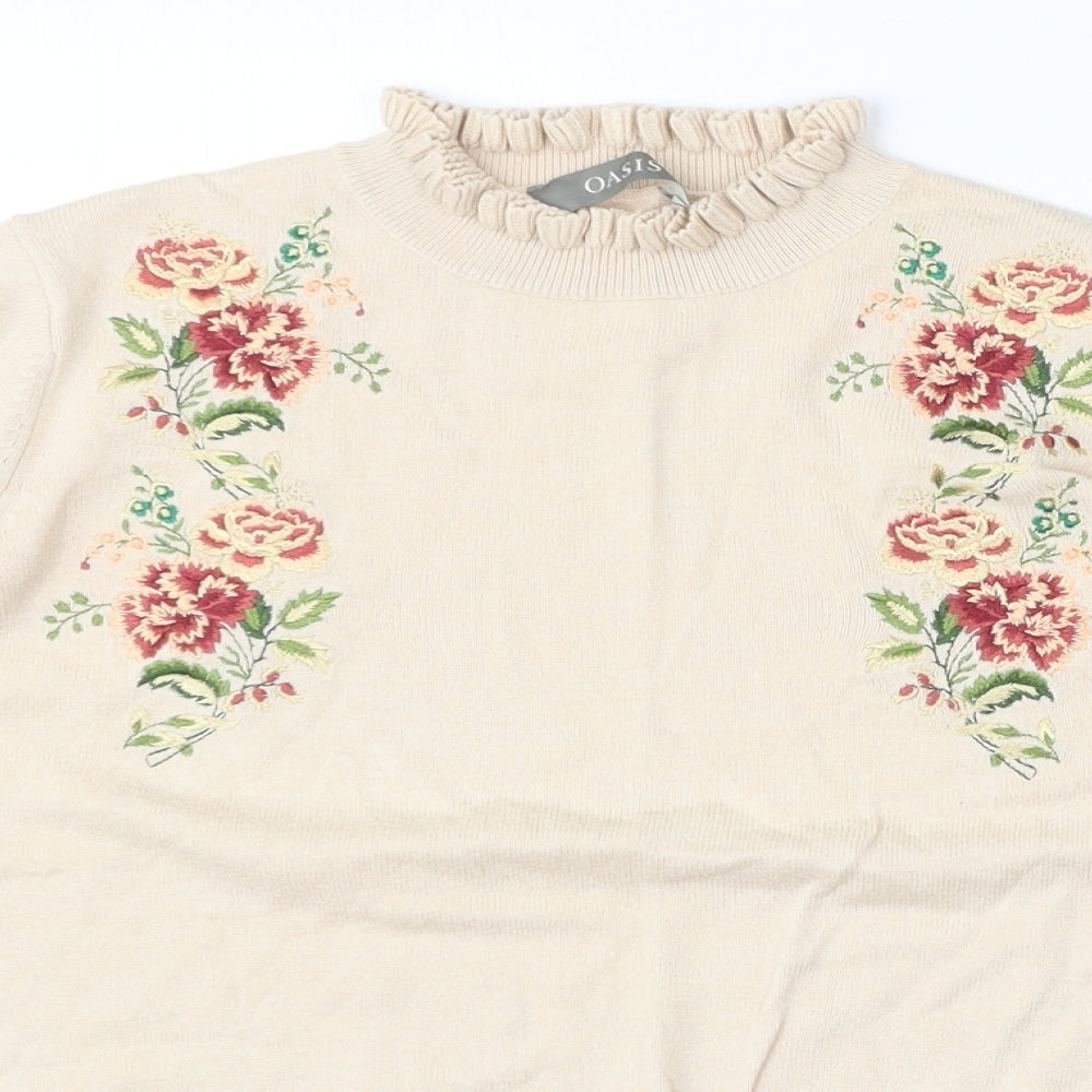 Oasis Womens Beige Round Neck Floral Cotton Pullover Jumper Size S