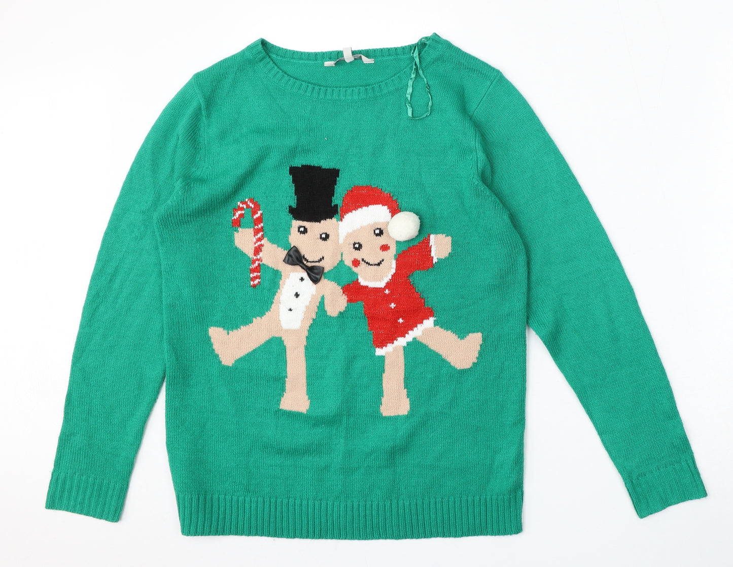 Peacocks Womens Green Round Neck  Acrylic Pullover Jumper Size M   - Christmas