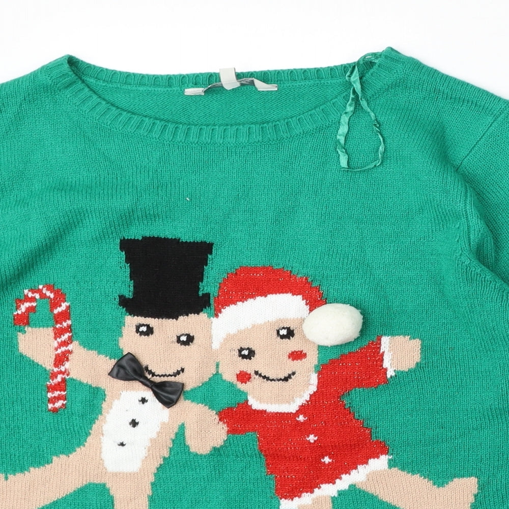 Peacocks Womens Green Round Neck  Acrylic Pullover Jumper Size M   - Christmas