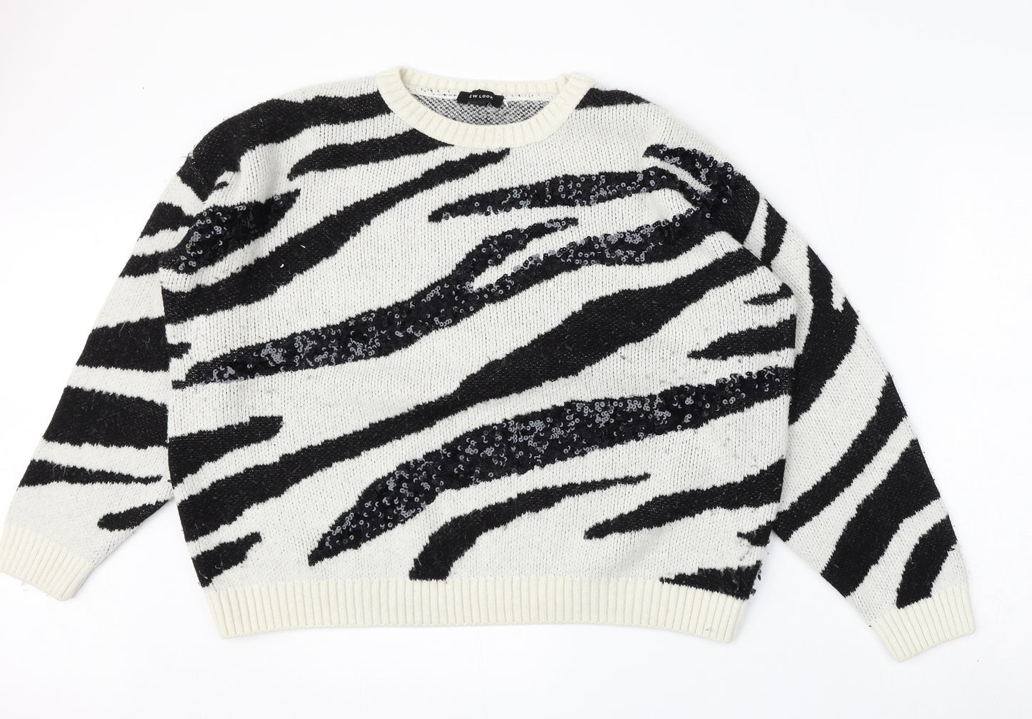 New Look Womens White Round Neck Animal Print Acrylic Pullover Jumper Size L