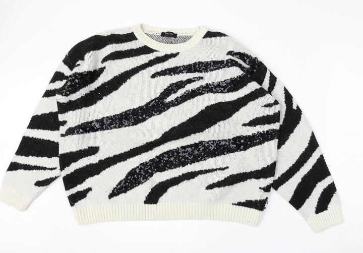 New Look Womens White Round Neck Animal Print Acrylic Pullover Jumper Size L