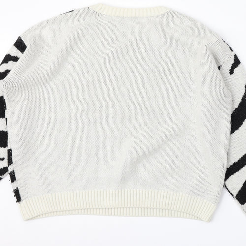 New Look Womens White Round Neck Animal Print Acrylic Pullover Jumper Size L