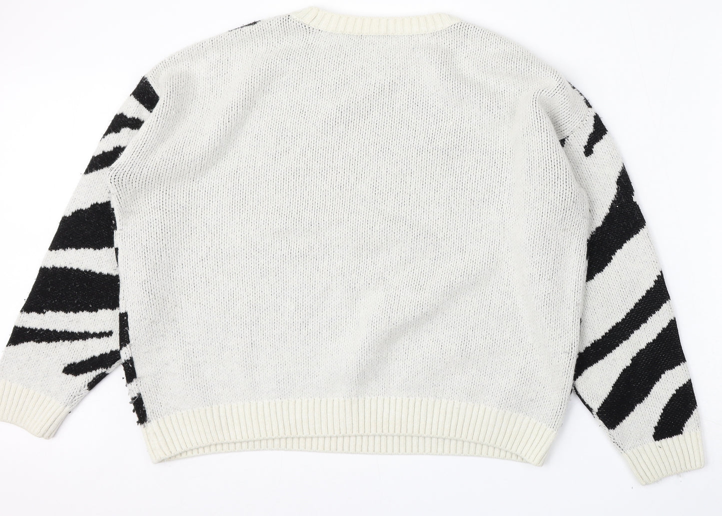 New Look Womens White Round Neck Animal Print Acrylic Pullover Jumper Size L