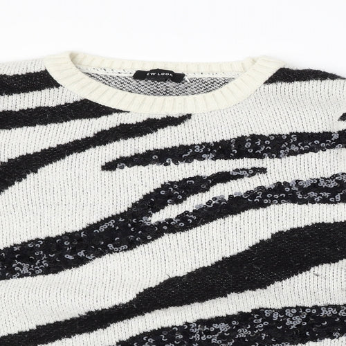 New Look Womens White Round Neck Animal Print Acrylic Pullover Jumper Size L