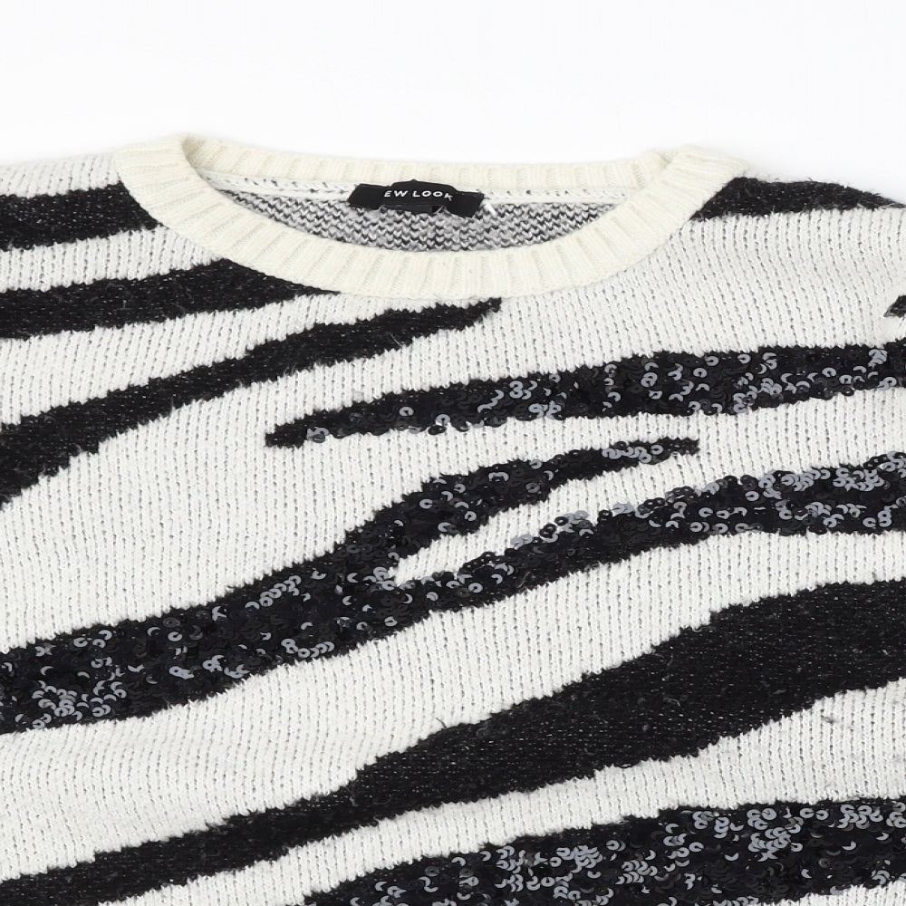 New Look Womens White Round Neck Animal Print Acrylic Pullover Jumper Size L