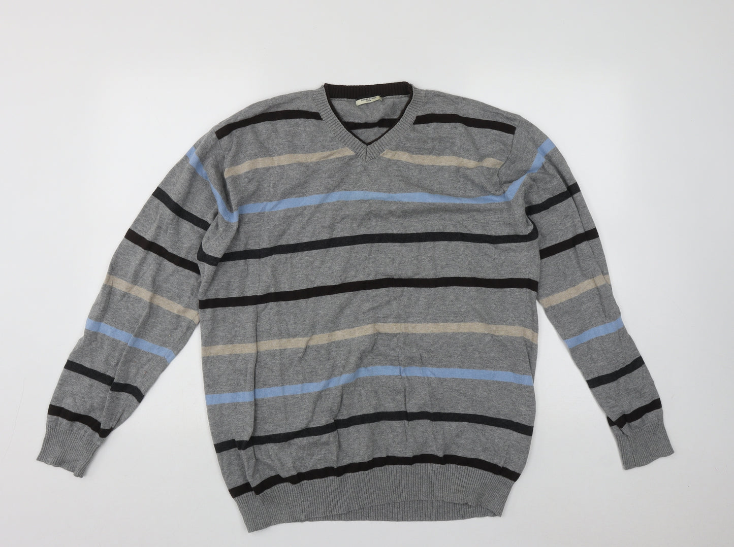 Dunnes Mens Grey V-Neck Striped Cotton Pullover Jumper Size L