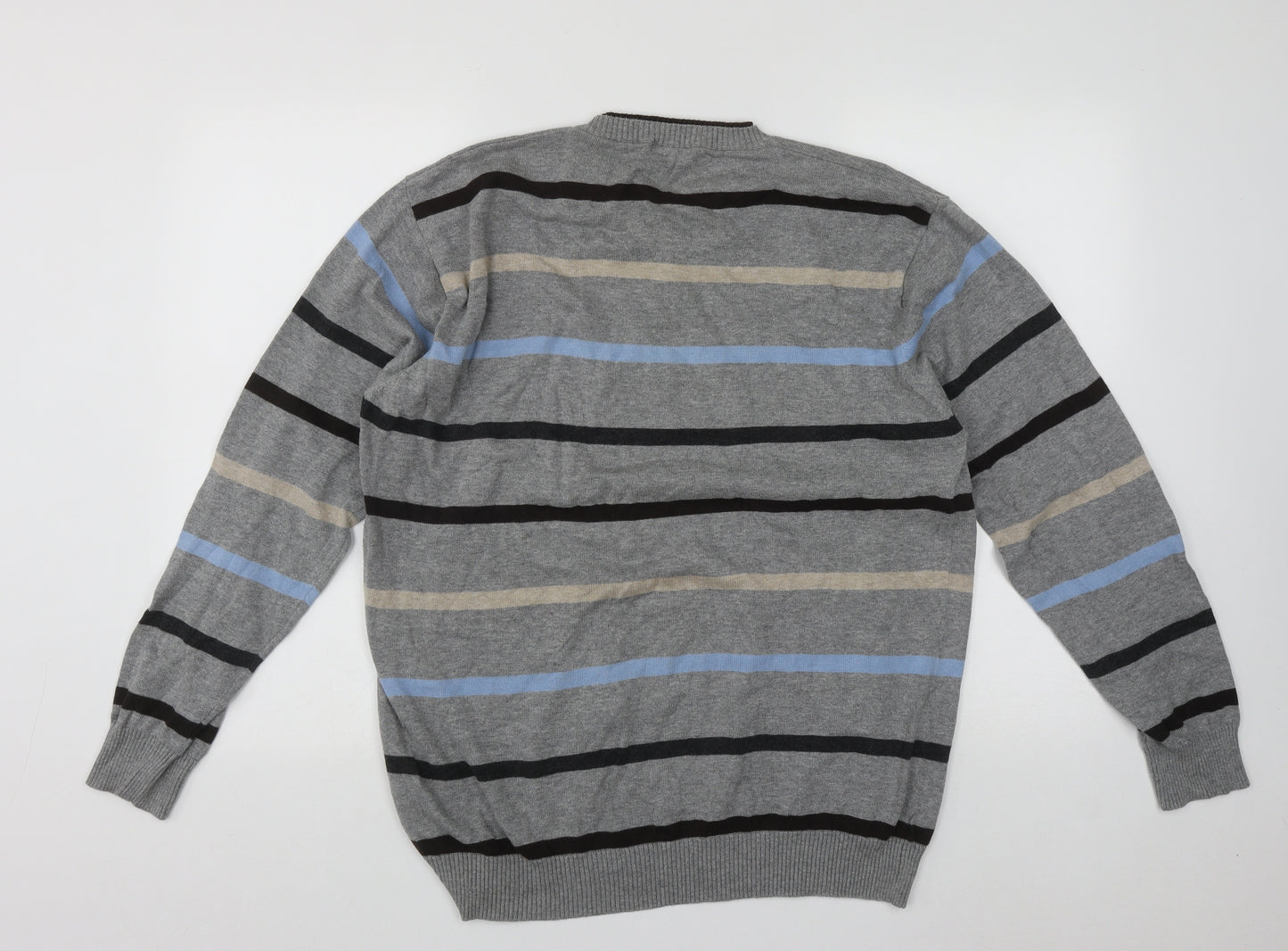 Dunnes Mens Grey V-Neck Striped Cotton Pullover Jumper Size L