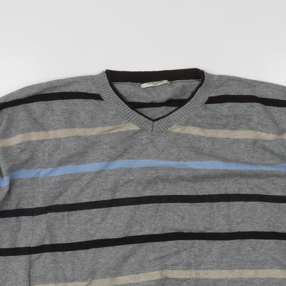 Dunnes Mens Grey V-Neck Striped Cotton Pullover Jumper Size L