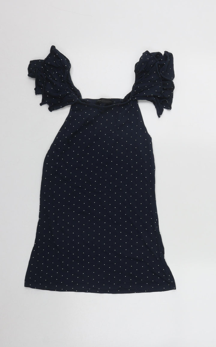 Mango Womens Blue Polka Dot Polyester Basic Blouse Size 8 Scoop Neck