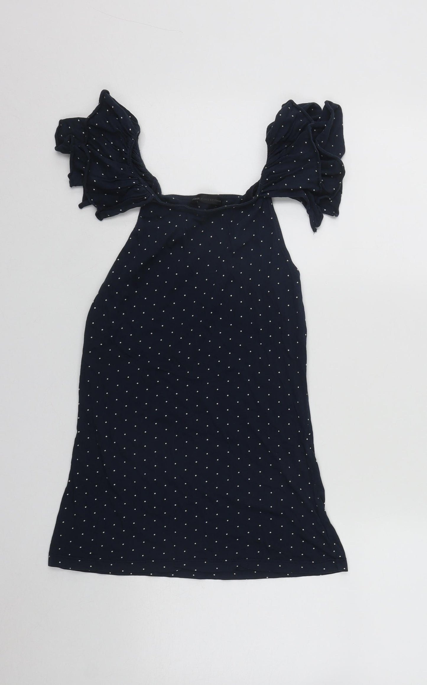 Mango Womens Blue Polka Dot Polyester Basic Blouse Size 8 Scoop Neck