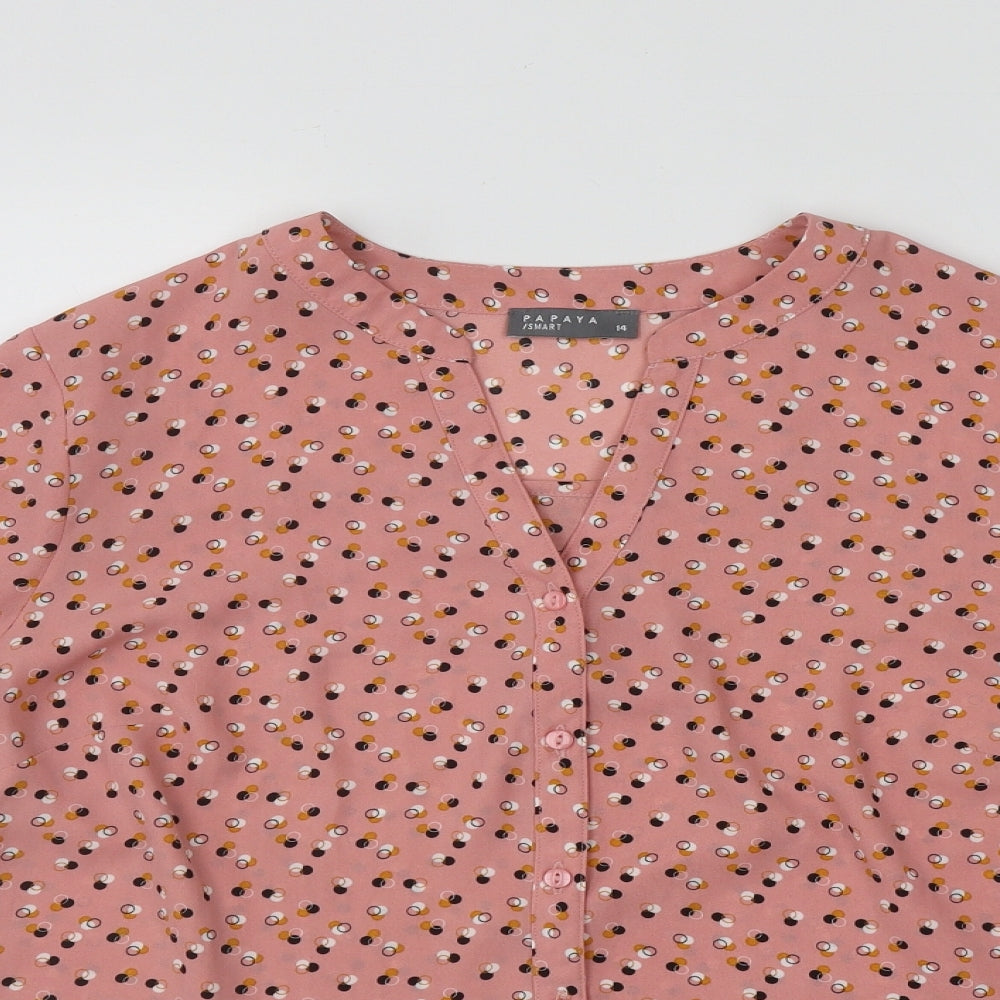 Papaya Womens Pink Geometric Polyester Basic Blouse Size 14 V-Neck