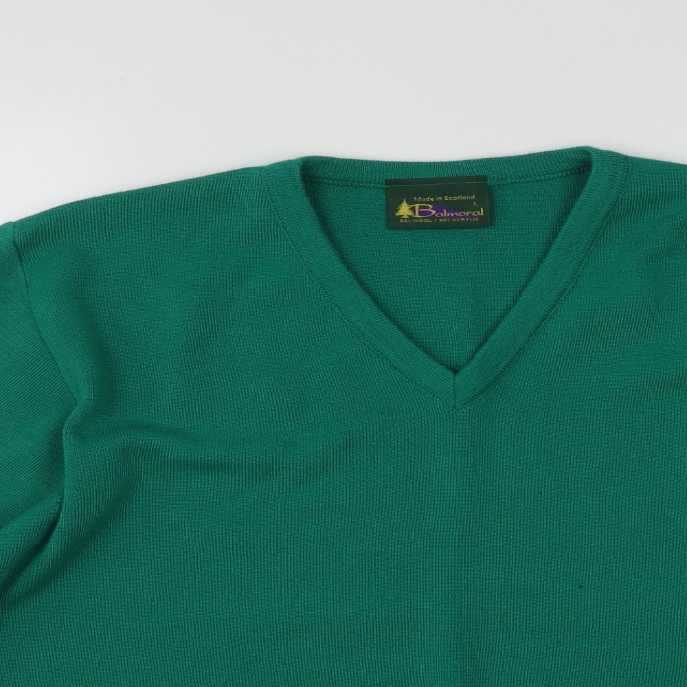 Balmoral Mens Green V-Neck  Wool Pullover Jumper Size L