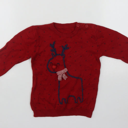George Boys Red  Cotton Pullover Jumper Size 12-18 Months  Button - Rudolph Christmas Jumper