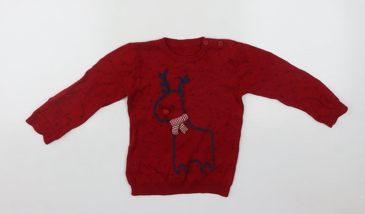 George Boys Red Cotton Pullover Jumper Size 12-18 Months Button - Rudolph Christmas Jumper