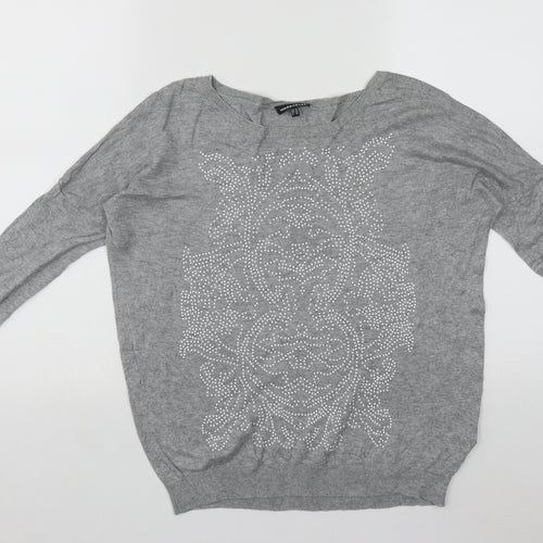 Warehouse Womens Grey Round Neck Geometric Viscose Pullover Jumper Size 10