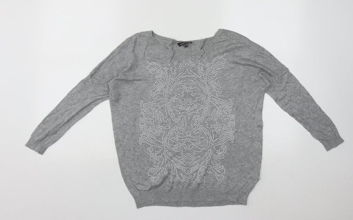 Warehouse Womens Grey Round Neck Geometric Viscose Pullover Jumper Size 10