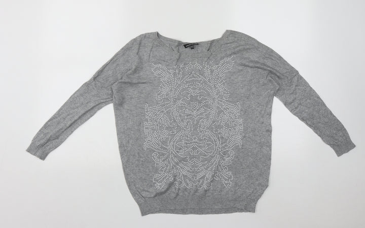 Warehouse Womens Grey Round Neck Geometric Viscose Pullover Jumper Size 10
