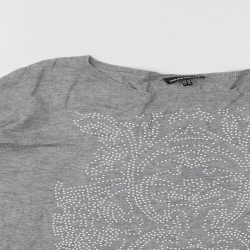 Warehouse Womens Grey Round Neck Geometric Viscose Pullover Jumper Size 10