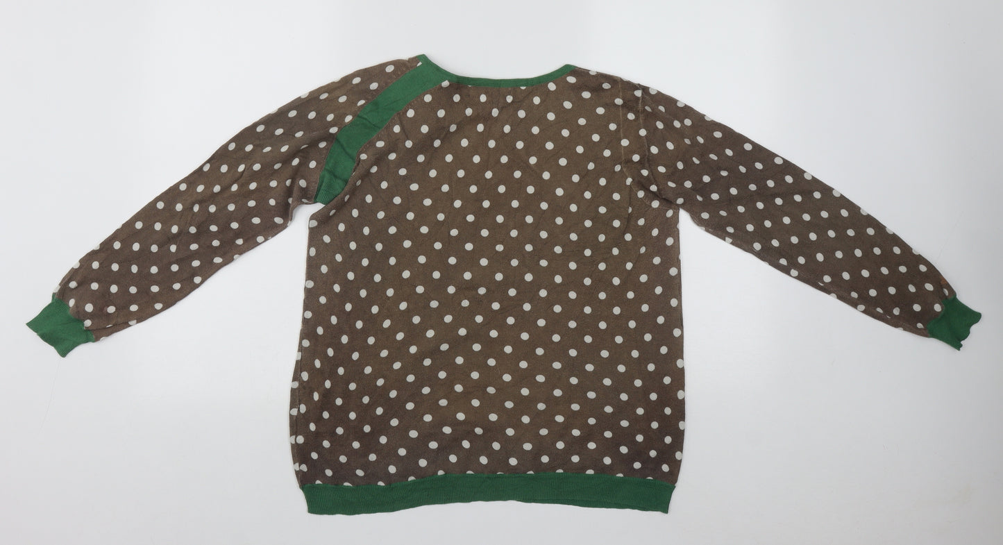 Indiwoman Womens Brown Round Neck Polka Dot Cotton Pullover Jumper Size L