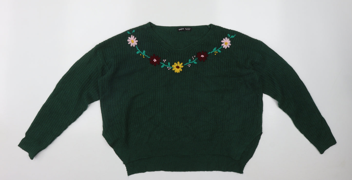 SheIn Womens Green V-Neck Floral Acrylic Pullover Jumper Size M