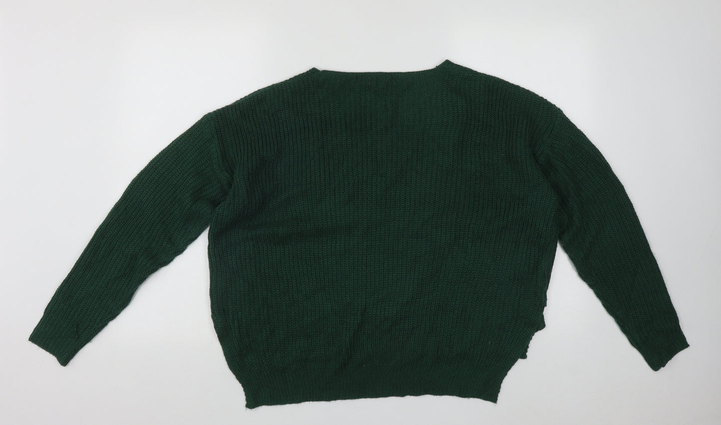 SheIn Womens Green V-Neck Floral Acrylic Pullover Jumper Size M
