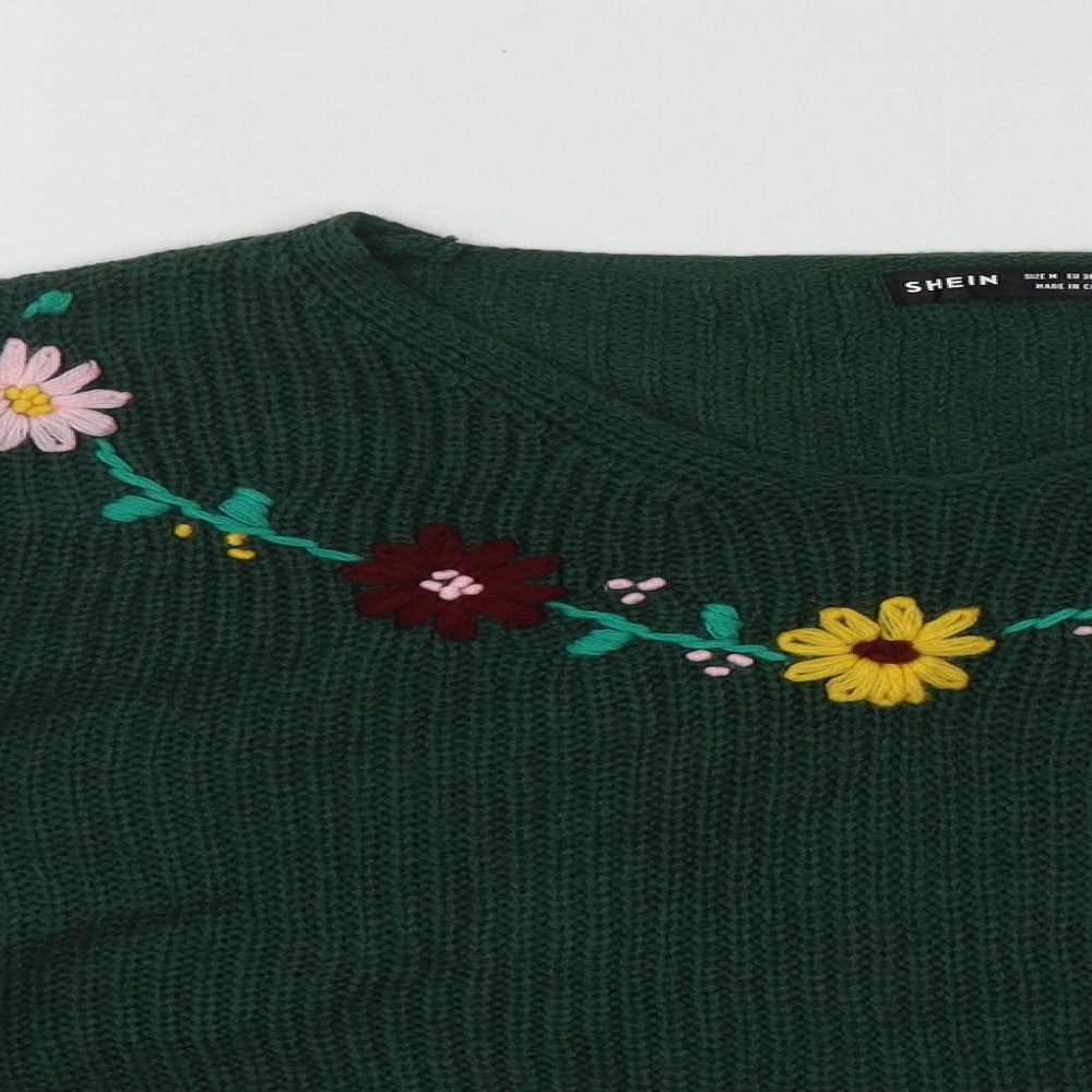 SheIn Womens Green V-Neck Floral Acrylic Pullover Jumper Size M